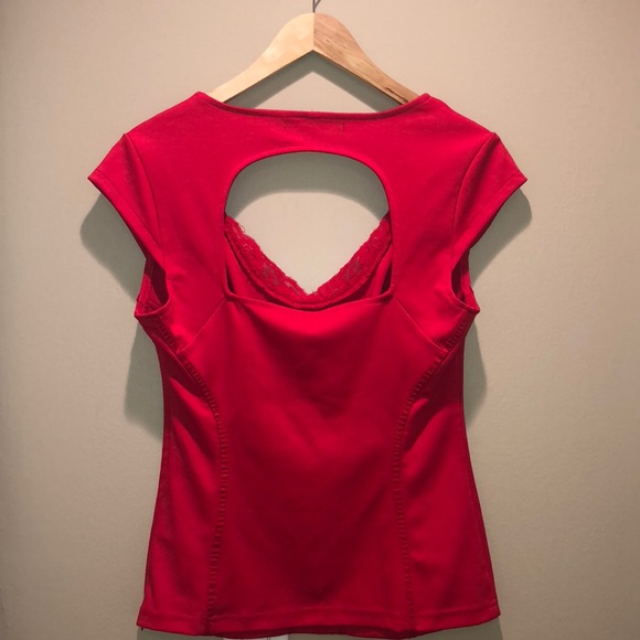 Red Guess Cap-Sleeve Lace-Trim Corset Top large - Picture 3 of 3